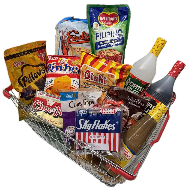 Add2Cart's grocery basket filled with Filipino snacks, SkyFlakes crackers, rice noodles and Datu Puti sauces